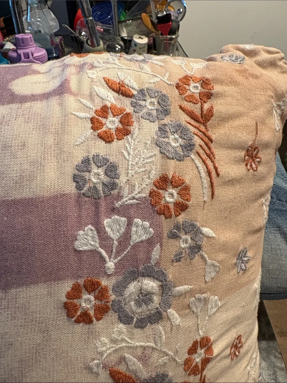 Macy's Floral Embroidered Decorative Pillow in Peach, Lavender, Orange and Gray